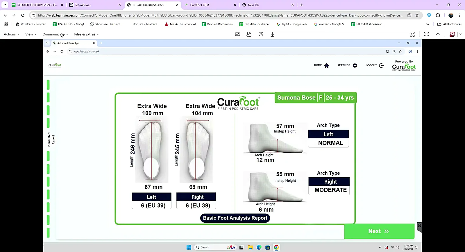 CuraFoot foot analysis report showing foot size and arch type
