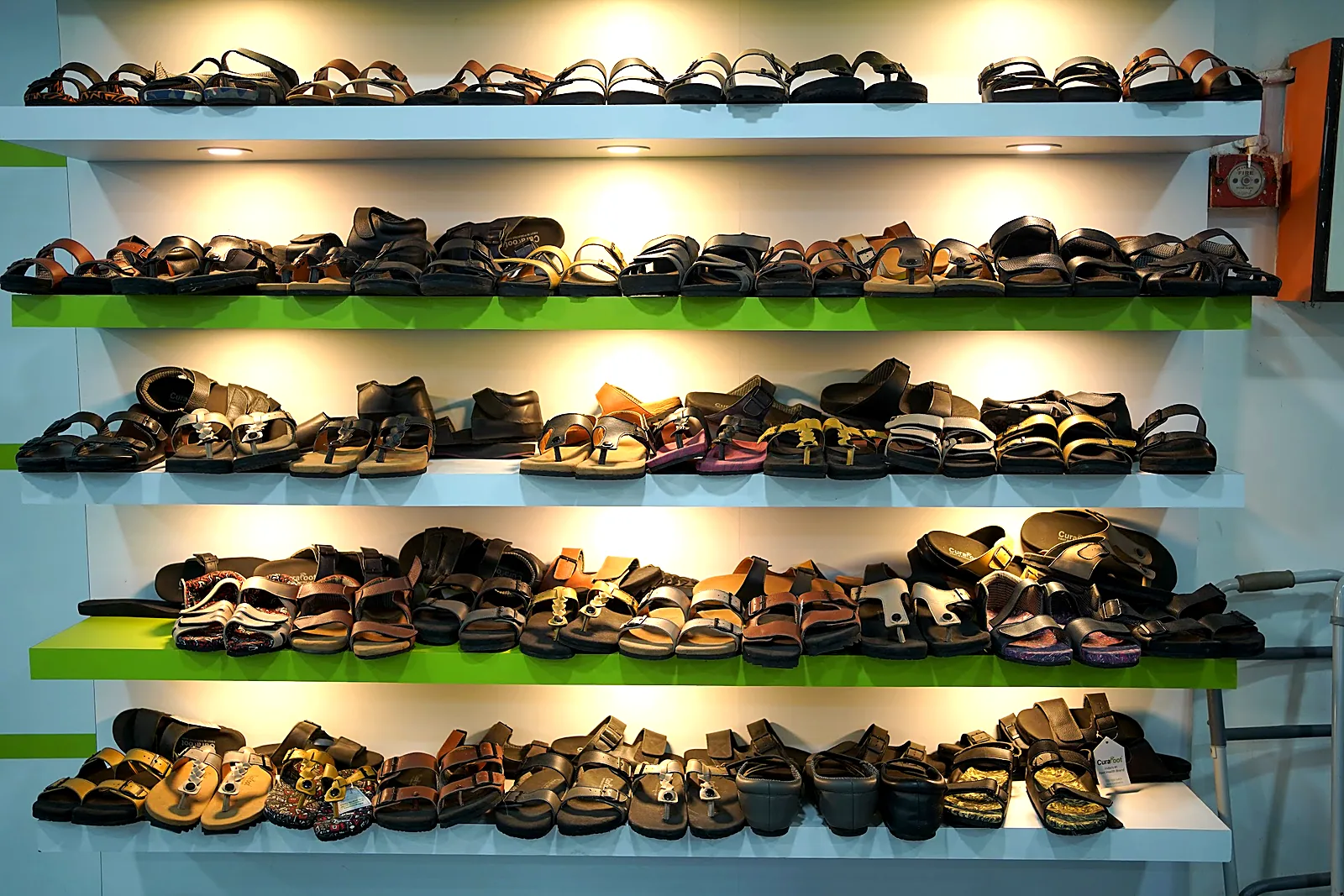 Wall of orthopaedic footwear at the CuraFoot clinic