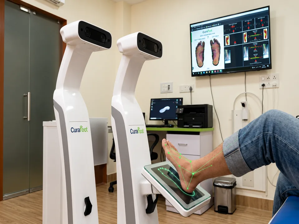Foot positioned on a 3D scanner at CuraFoot, with digital foot assessment images displayed on a screen.