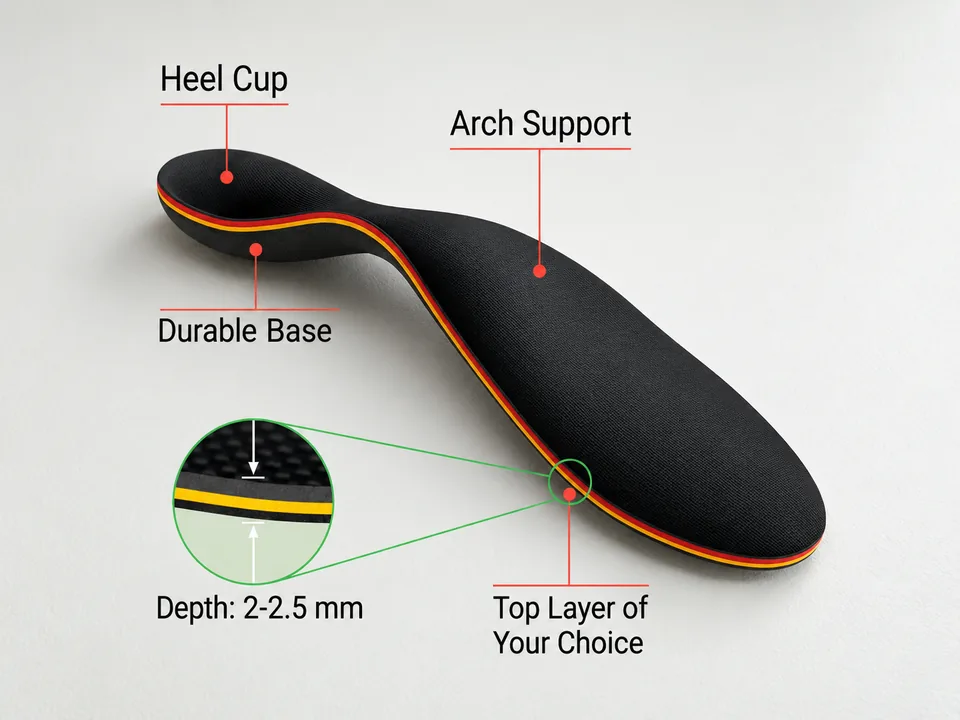 Custom orthotic insole with labelled heel cup, arch support, durable base and top layer options.