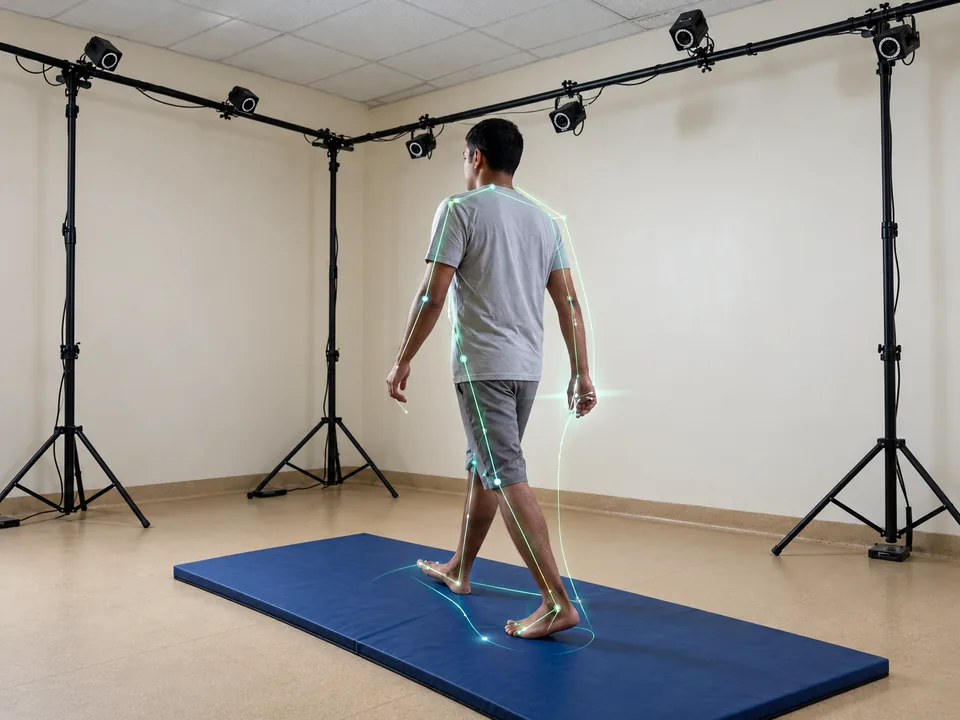 Man walking barefoot on a blue mat, surrounded by motion-tracking cameras, with an overlay illustrating gait analysis.