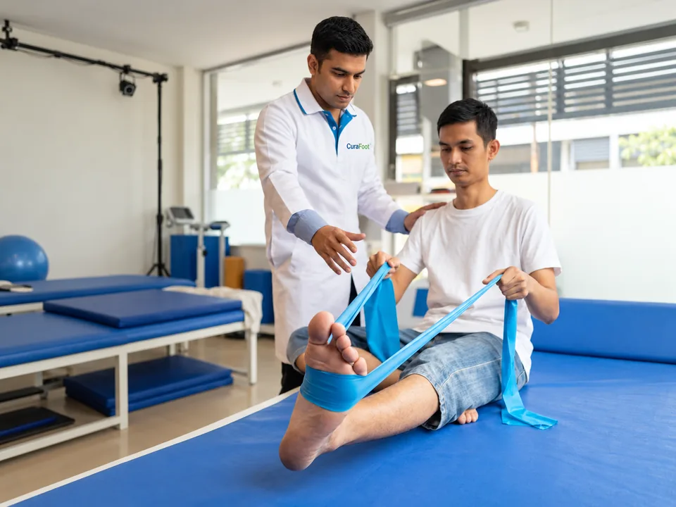 Physiotherapist guiding a seated patient through a foot and ankle exercise using a blue resistance band.